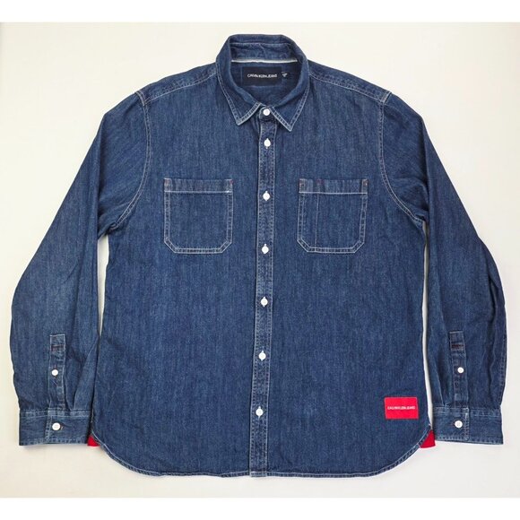 Calvin Klein Jeans XL Mens Blue Denim Long Sleeve Logo Tag Cotton Shirt Jacket - Picture 1 of 10